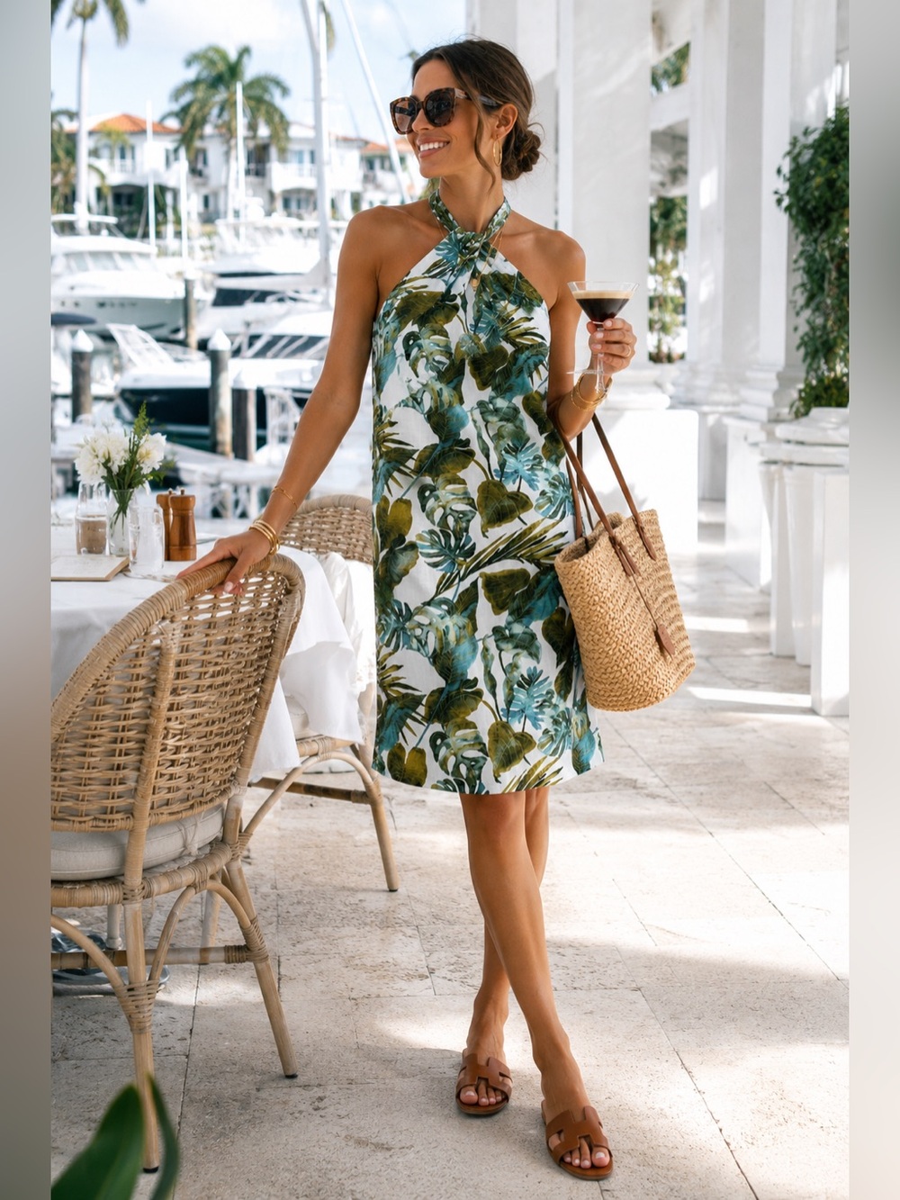 Tommy Bahama Villa Fronds Halter Dress Sz L Cypress Olive Tropical Linen Resort
